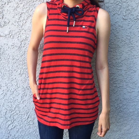 Tommy Hilfiger Sport Red Navy Blue Striped Pullover Sleeveless Hoodie Chic Euro - Picture 2 of 6